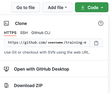 A subset of the github interface is shown with the green code button clicked. A popup is shown with options to clone from https or ssh, open in github desktop, or download a zip file.