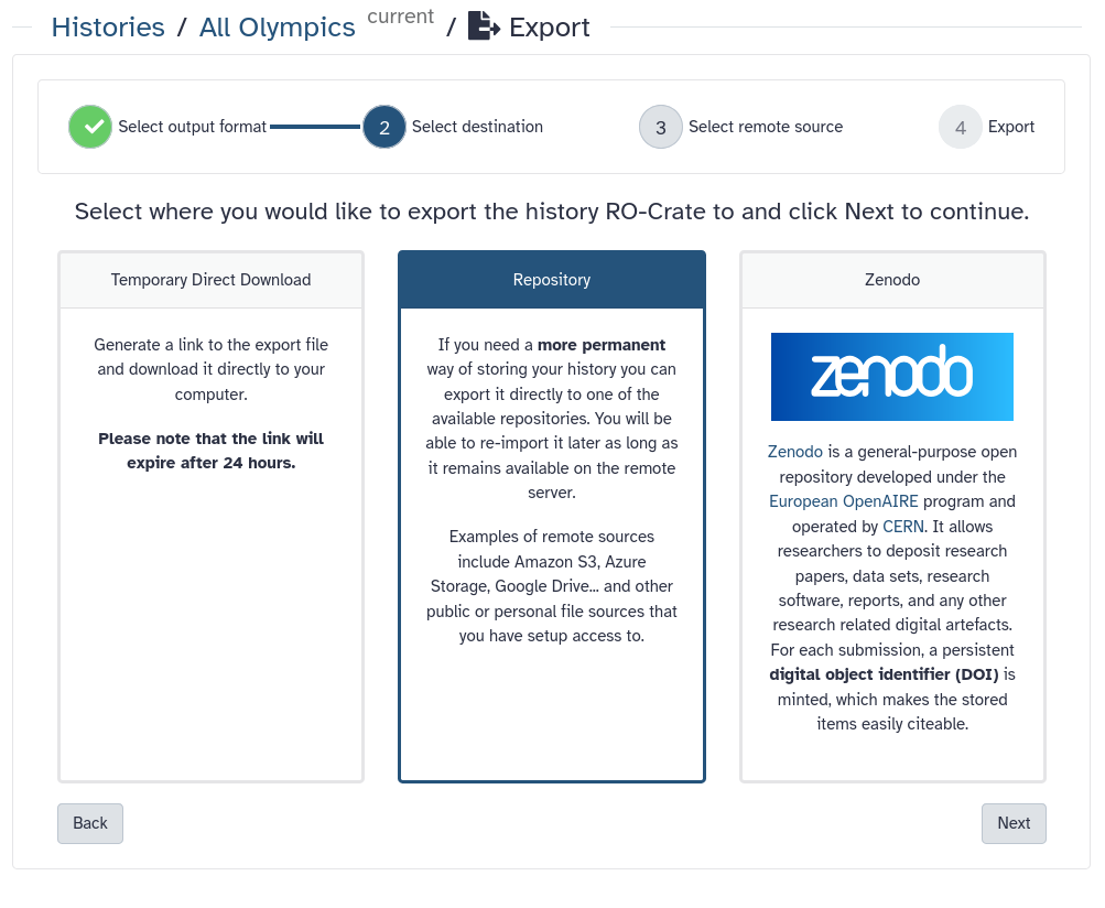 history export format selection menu