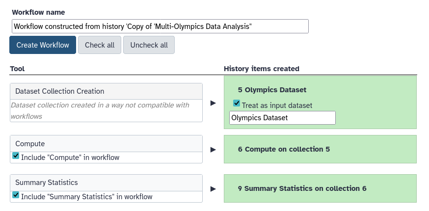 Selection of steps for Extract Workflow from history.