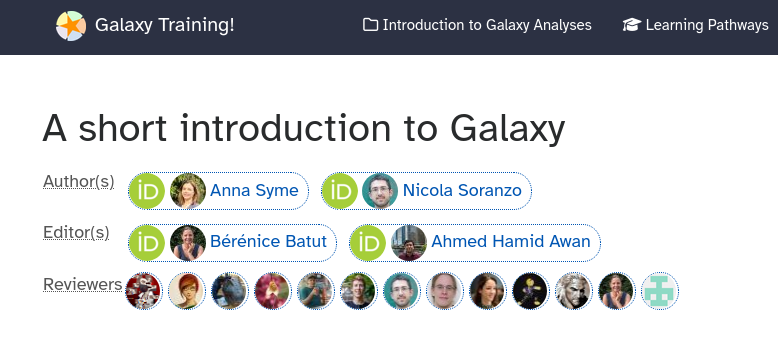 A screenshot of the GTN's short introduction to Galaxy tutorial. There are two authors and two editors, but now shown is a new reviewers with 13 individuals, some overlapping with editors and authors.