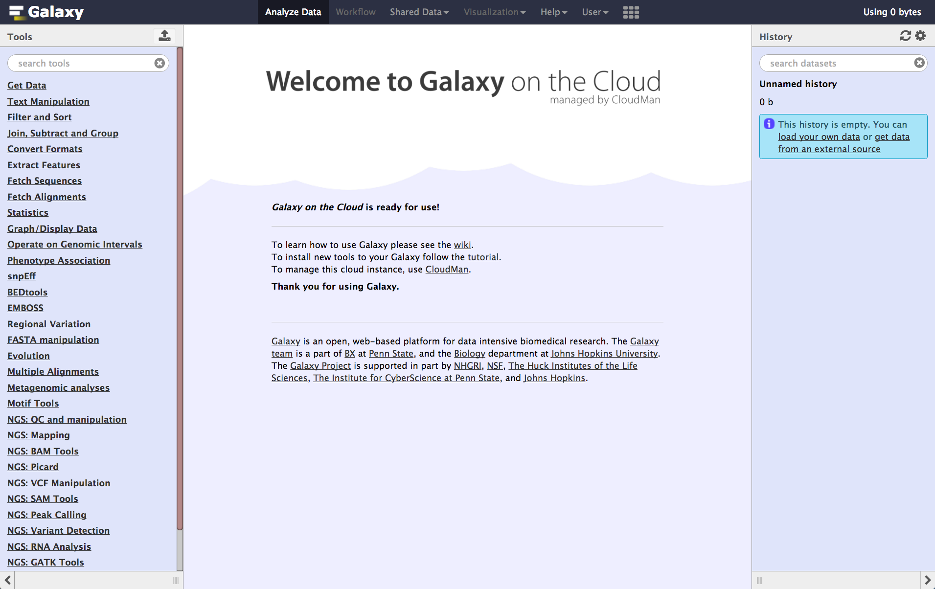 Screenshot of a Galaxy Cloud Man instance