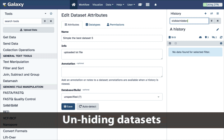 An animated gif showing how to unhide datasets