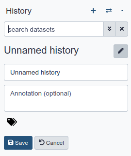 Screenshot of the galaxy interface with the history name being edited, it currently reads "Unnamed history", the default value. An input box is below it.