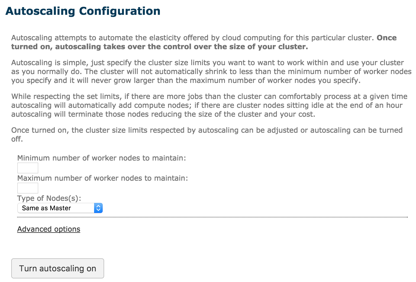 Screenshot of cloudman autoscaling configuration with a minimum and maximum number of worker nodes to maintain.