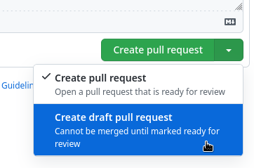Create pull request dropdown in the GitHub interface is shown, the draft pull request button option is highlighted. 