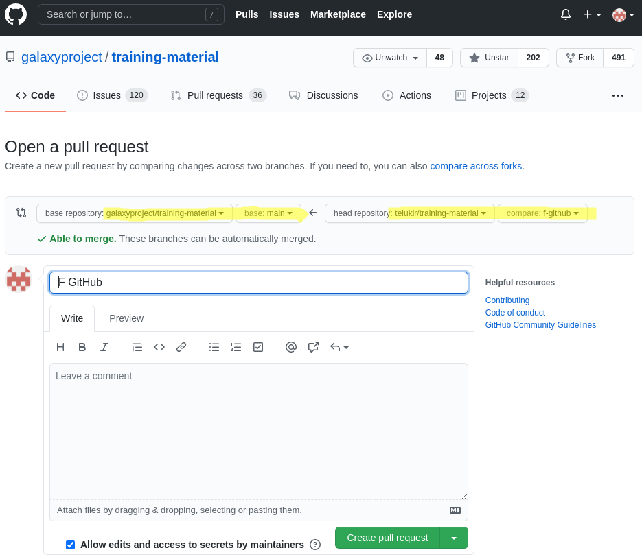 The pull request form is shown titled "Open a Pull Request", the user is busy filling out the title of the pull request. A button at the bottom reads create pull request.