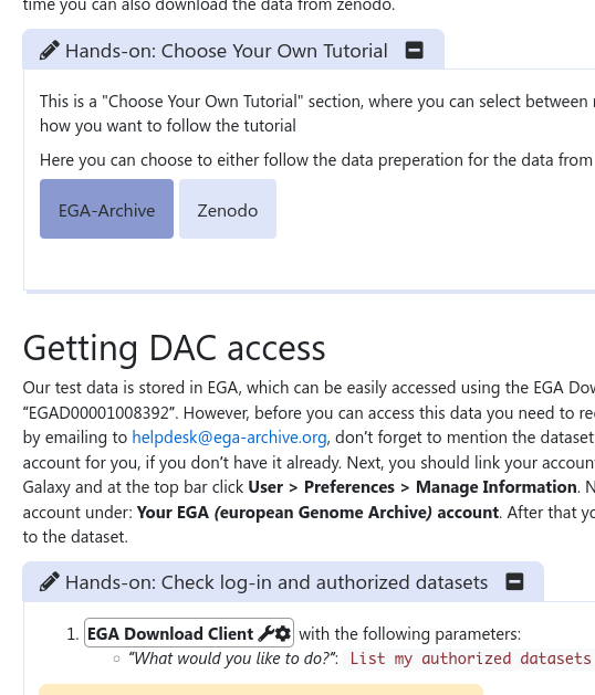 gtn tutorial showing a CYOA box with EGA-Archive selected, and a big heading about getting DAC access