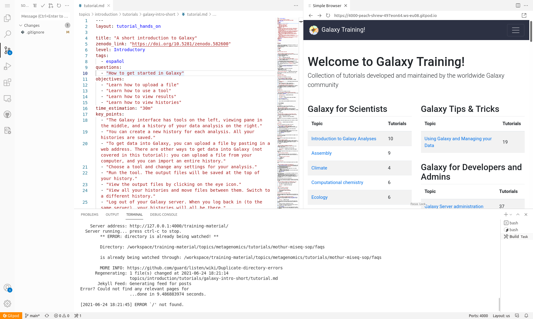 Screenshot of the GitPod workspace. A file browser pane on the left, terminal on the bottom, text editor in the middle, and preview of the rendered GTN website on the right.