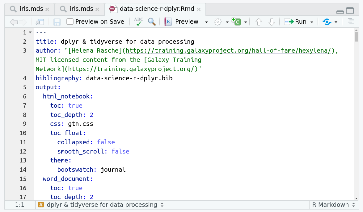 Screenshot of an open document in RStudio. There is some yaml metadata above the tutorial showing the title of the tutorial.