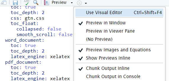 Screenshot of dropdown menu after clicking on the gear icon. The first option is `Use Visual Editor`.