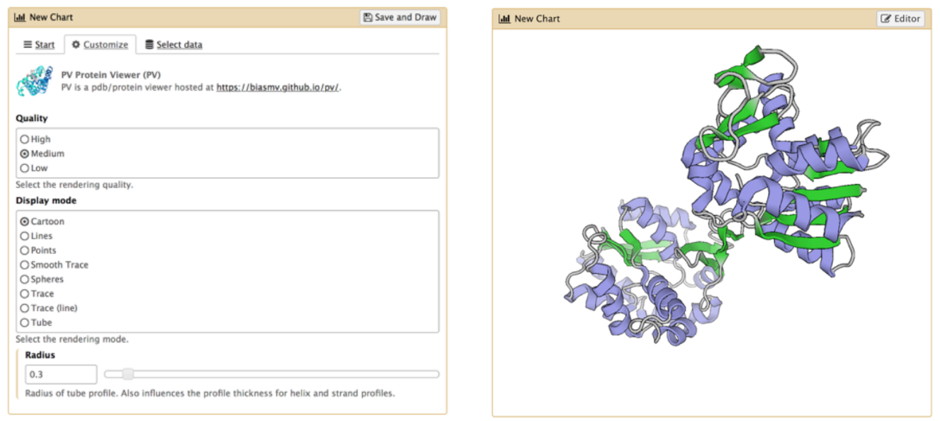 Configuration for the protein viewer is shown on the left, a 3d structure of a protein shown on the right