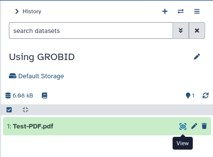 galaxy history view showing a single dataset. Display link is being hovered.