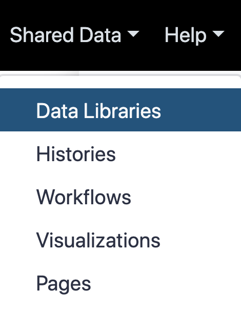 galaxy top menu dropdown shared data, showing Data Libraries