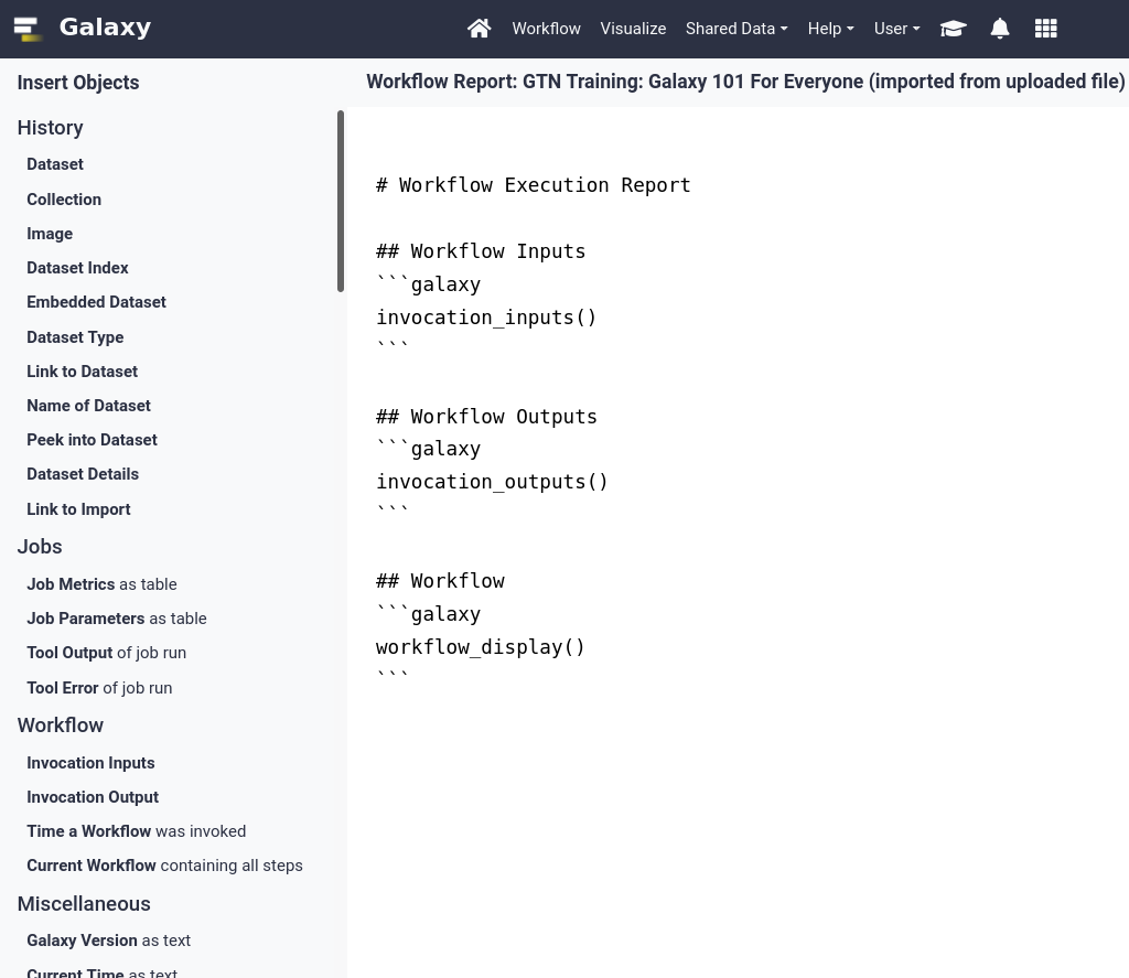 screenshot of the workflow report edit interface. Markdown-formatted editor in the center, with a list of components that can be added to the report in the left-hand panel. 