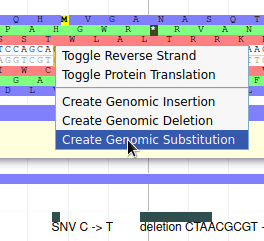 Right click menu showing options to toggle strands and create genome insertions, deletions, and substitutions. The mouse hovers over substitution.