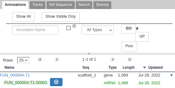 Gene list showing gene FUN_000005 which is expanded to reveal a child mRNA. 