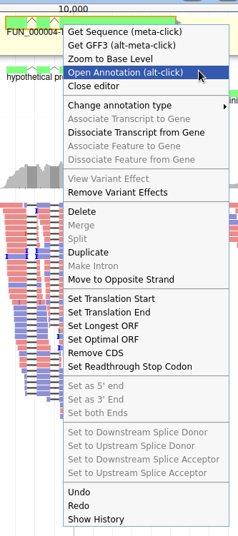 Gene contextual menu showing way too many options, the mouse hovers over Open Annotation (alt-click). 