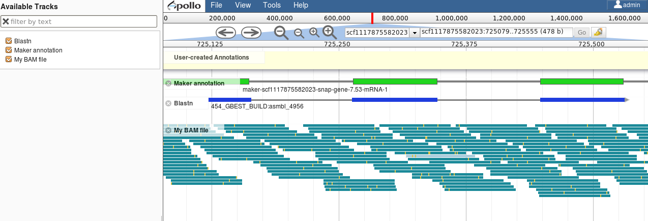 Screenshot of Apollo showing a track list on left, and then several rows of evidence like maker annotation and blastn showing gene models, followed by my bam file.