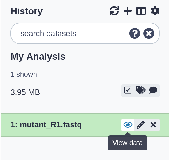 galaxy history view showing a single dataset mutant_r1.fastq. Display link is being hovered.