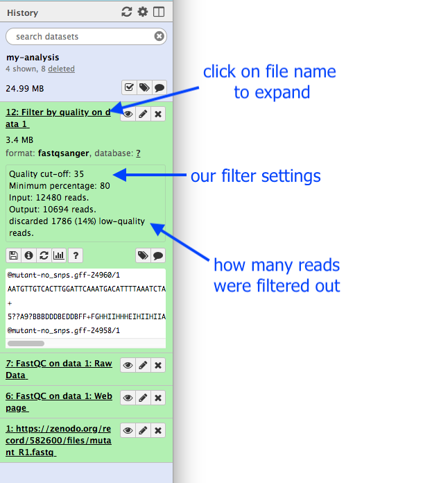 Diagram of how to locate the information. As above, clicking on the name expands the dataset, and an info section is shown with the filter settings. 1786 (14%) discarded.