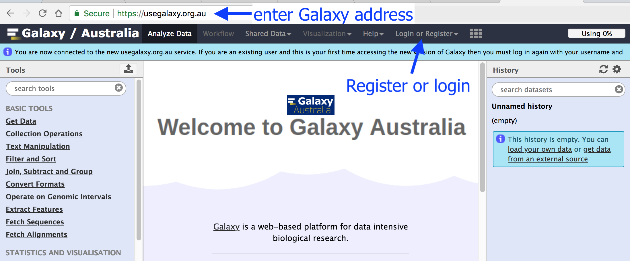 Screenshot of Galaxy Australia with the register or login button highlighted. 