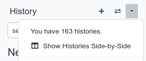 History options menu dropdown showing you have 163 histories, and a show histories side-by-side button.
