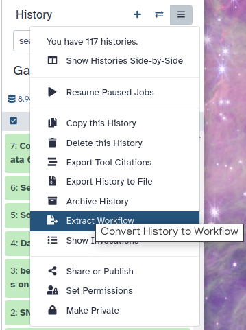 'Extract Workflow' entry in the history options menu. 