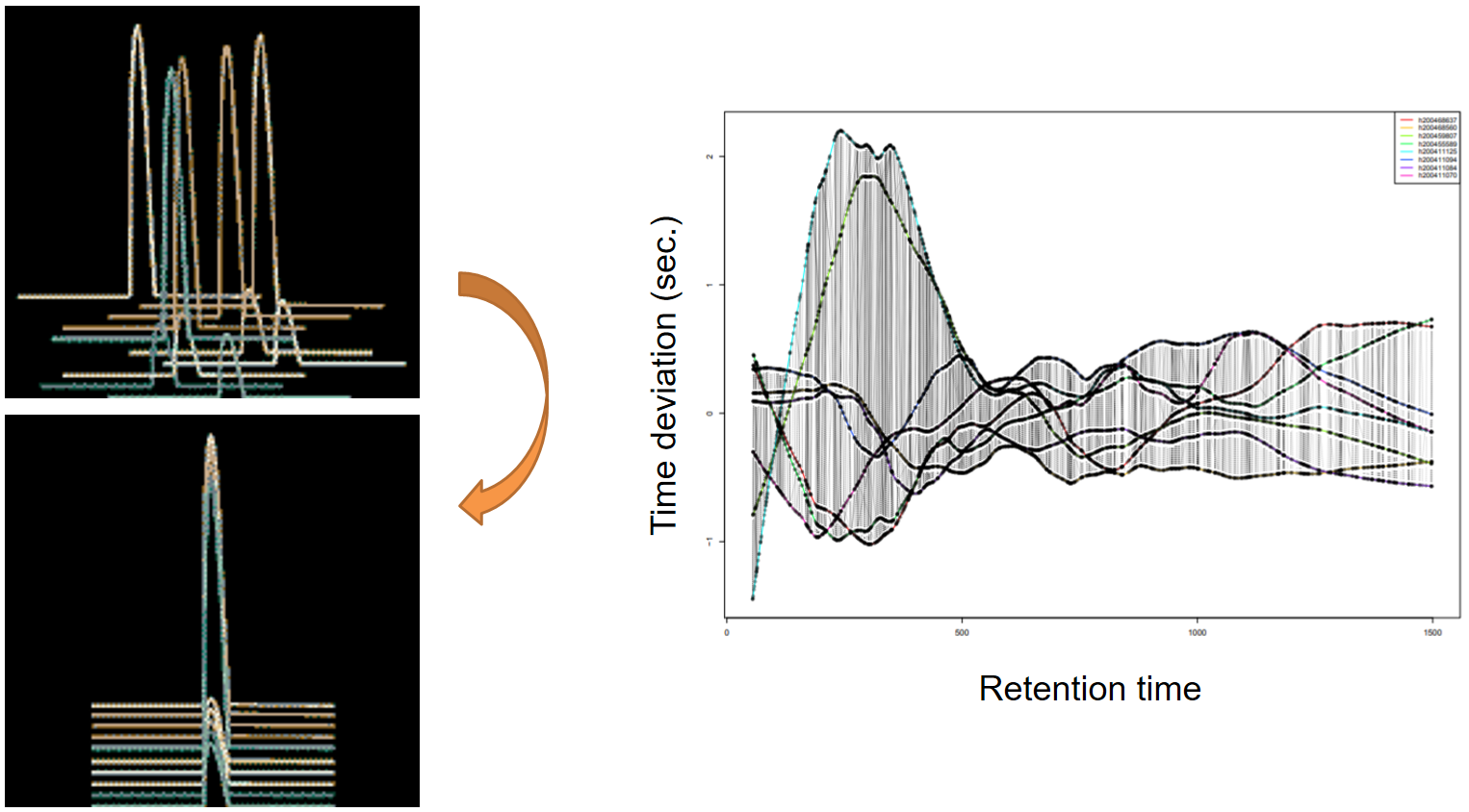 On the left there is a "before/after" plot showing several examples of a gausian peak, first all shifted, but then all aligned. On the right is an example of the graphical output from adjustRtime, representing samples as lines with retention time in abscissa and time deviation on ordinate.