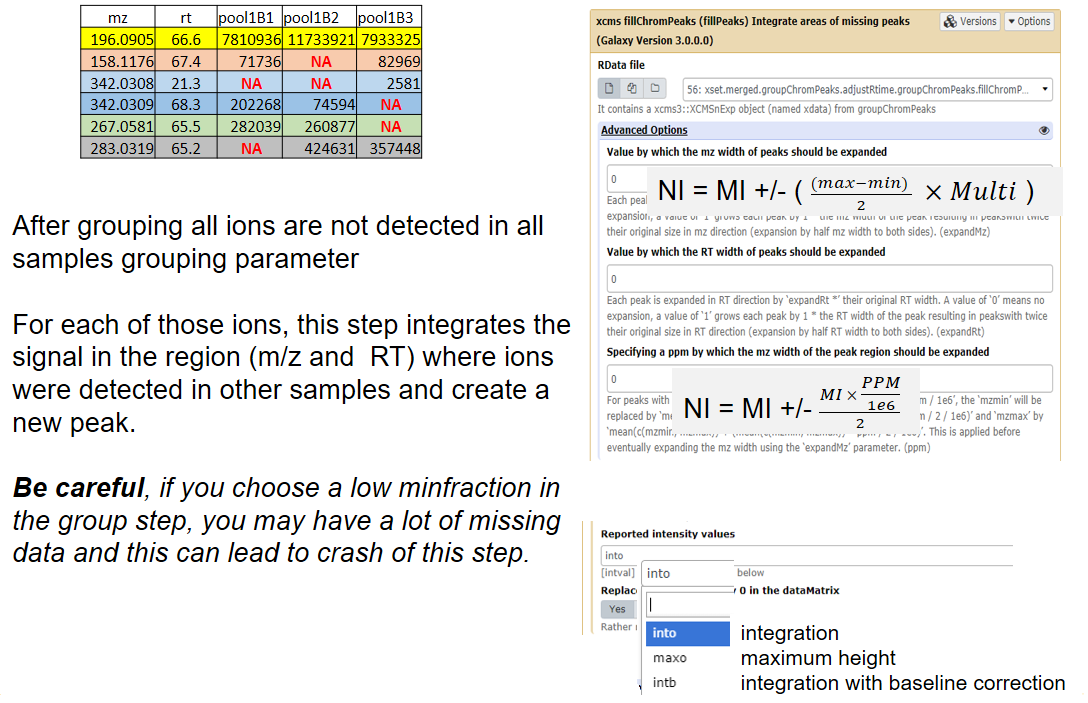 A montage of a table with some NA values in intensities and the fillChromPeaks Galaxy tool with a text: "After grouping all ions are not detected in all samples. For each of those ions this step integrates the signal in the region where ions were detected in other samples and creates a new peak. Be careful, if you choose a low minfraction in the group step, you may have a lot of missing data and this can lead to crash this step." In addition to the text, formulas are represented in a mathematical form for each "Advanced options" of the Galaxy module. There is also a note about the intval parameter saying into=integration, maxo=maximum height and intb=integration with baseline correction.