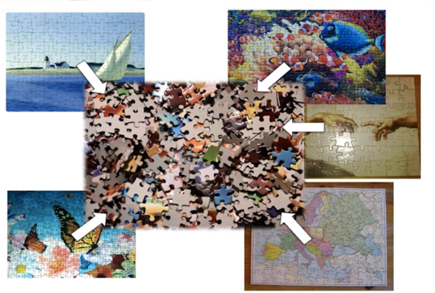 shotgun sequencing illustrated with jigsaw puzzles, severla individual puzzles are mixed together.