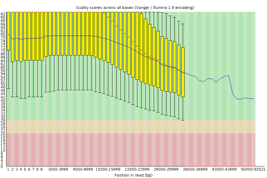 A graph for PacBio HiFi reads. All reads are in the green region and quality score are encoded up to 92.
