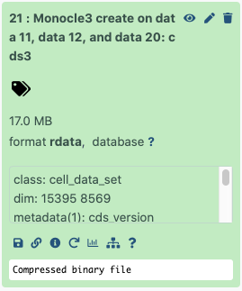 The dataset preview shows class: cell_data_set, dim: 15395 8569. 