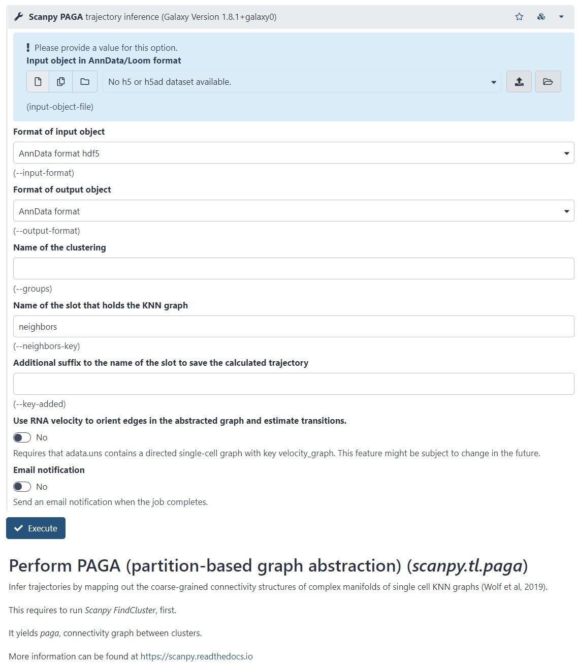 Screenshot of the interface of ‘Scanpy PAGA’ Galaxy tool
