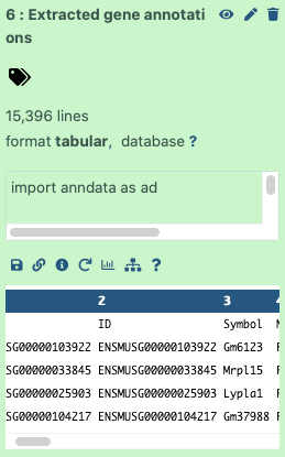 The dataset in the history has a preview window showing the columns of the extracted gene annotation with each gene as a row and the metadata - index, ID, symbol - as the column names. 