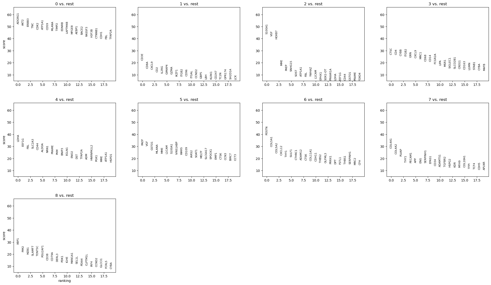 Nine panels, one per Leiden group, each listing the top twenty ranked genes against their test score.